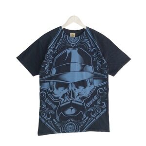 Dyse One Mens Skull Fedora Graphic T-Shirt Black Blue Chicano Streetwear Medium